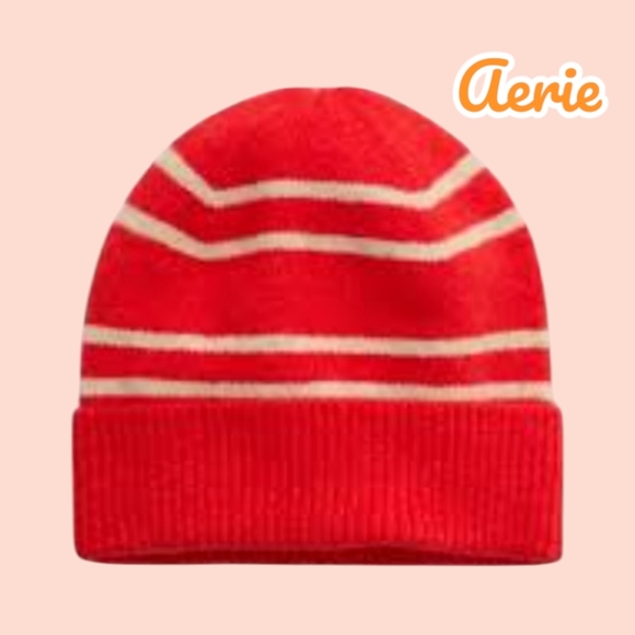 🔥 Nwt Aerie Red Stripe Beanie Hat - Picture 1 of 3